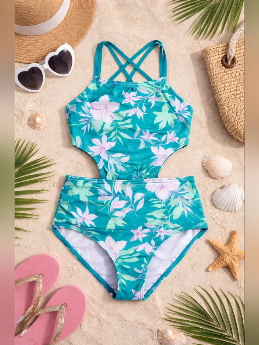 Kanu Surf Girls One Piece Swimsuit Size 8 Green Floral Cutout Crisscross Back